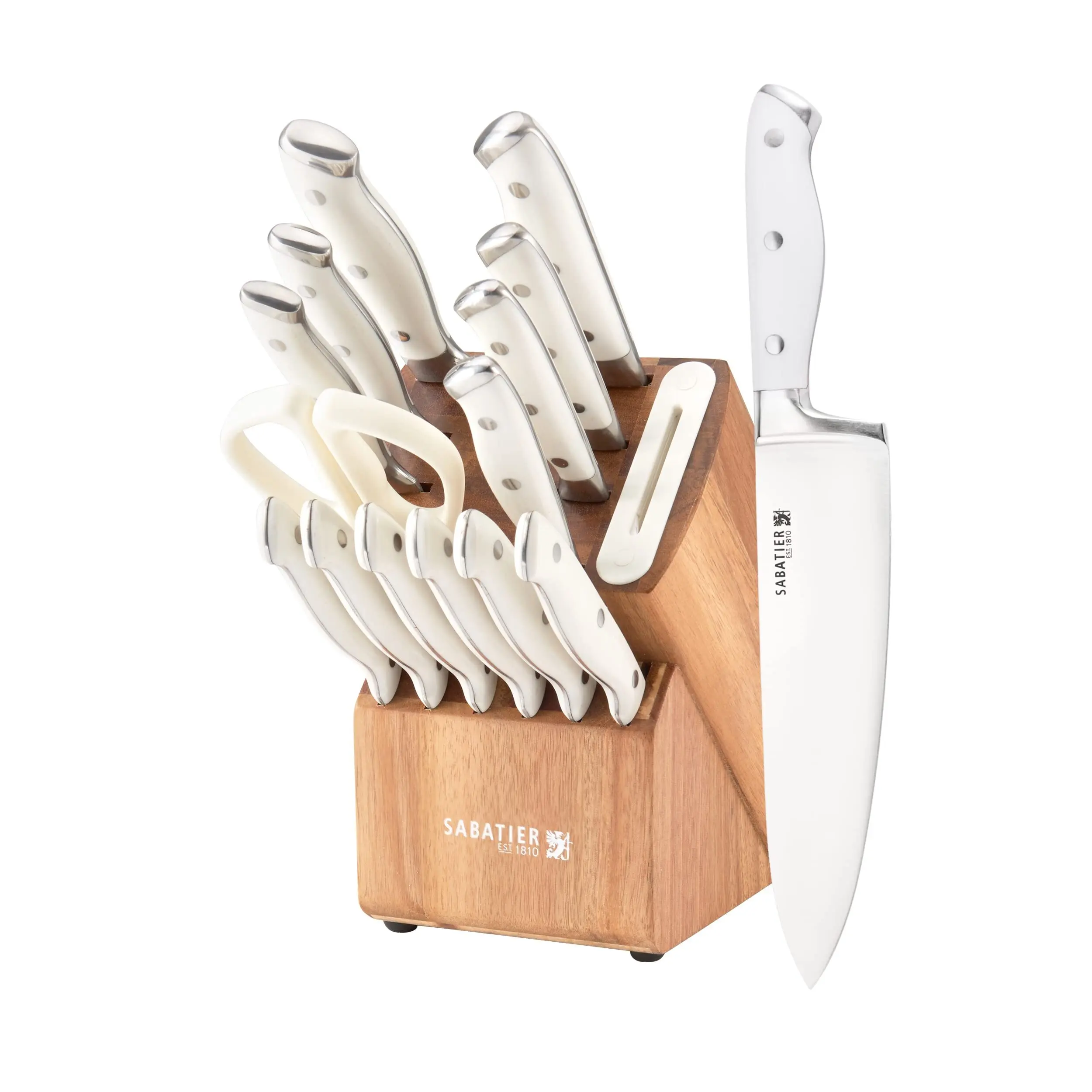 Sabatier 15-Piece Edgekeeper Forged Triple Rivet Kitchen Knife Block Set, High Carbon Stainless Steel Knives, Acacia Storage Block, Built-In Ceramic Sharpening Tool, Slicer, Razor-Sharp Blades, White, Serrated, Weighted And Balanced Handles