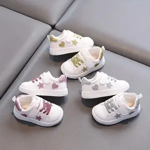 Baby Boys & Girls Star & Heart Pattern Casual Sneakers White Low-Top Lace-Up Shoes with Closure Breathable Fabric Lining & TPR Sole for Indoor Outdoor Play All-Season Comfort Toddler Shoes Durable Footwear