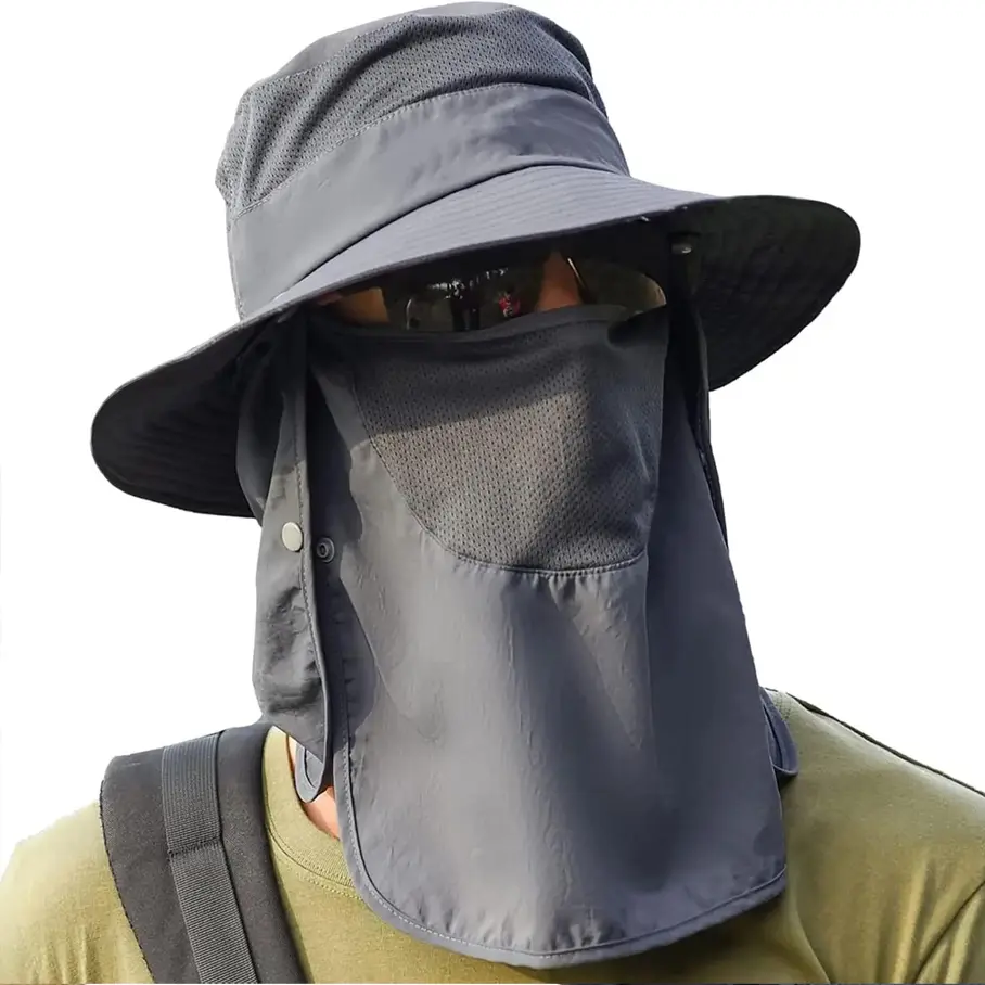 Mens Womens UPF 50 Plus Sun Hat Wide Brim UV Protection Fishing Hat with Removable Face Cover Neck Flap Quick Dry Breathable Lightweight Foldable Safari Hat for Hiking Camping Beach Travel Outdoor