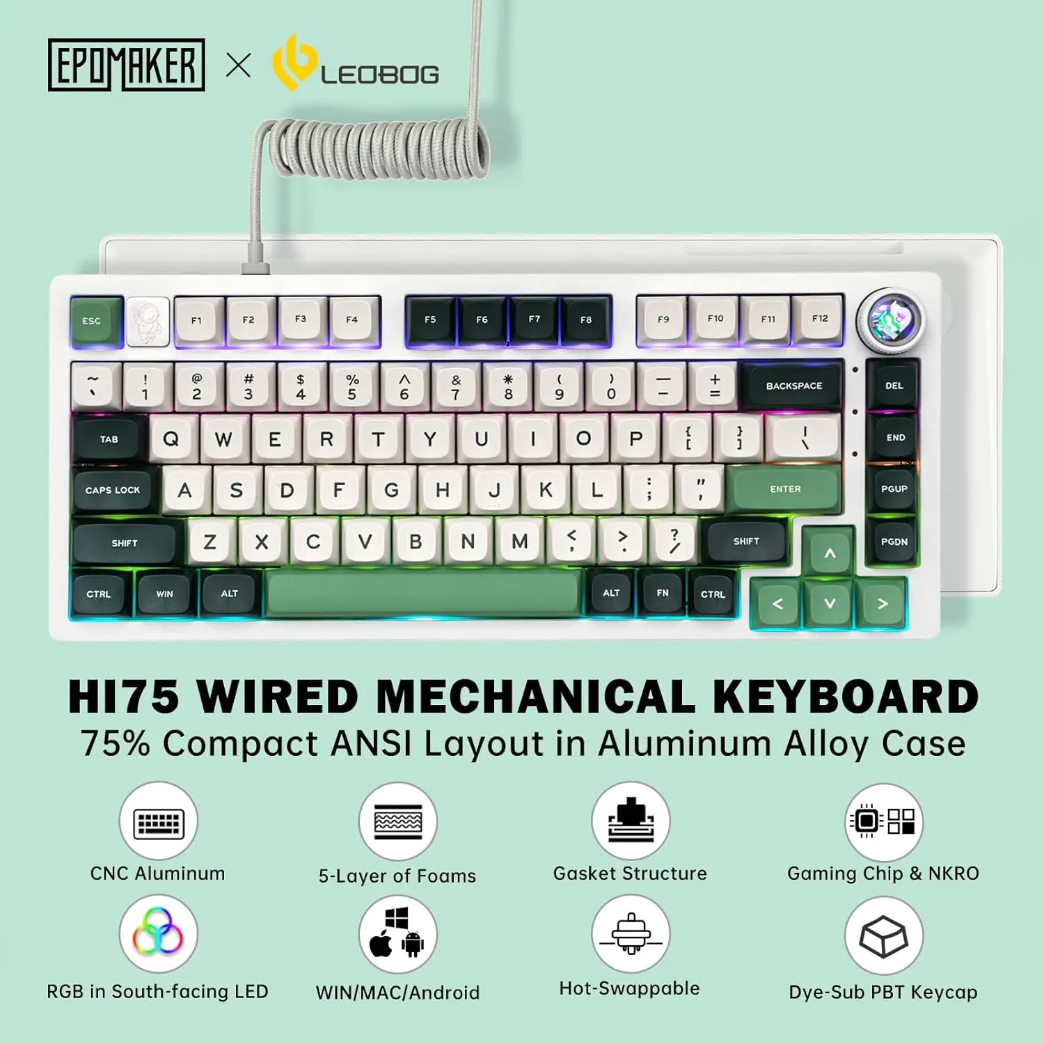 Leobog Hi75 Keyboard, 75% Wired Gaming Keyboard with Mode Knob, Custom Creamy Mechanical Keyboards with Hot Swappable Programmable Macro RGB Backlit for Mac PC Tablet PS4 PS5 Xbox