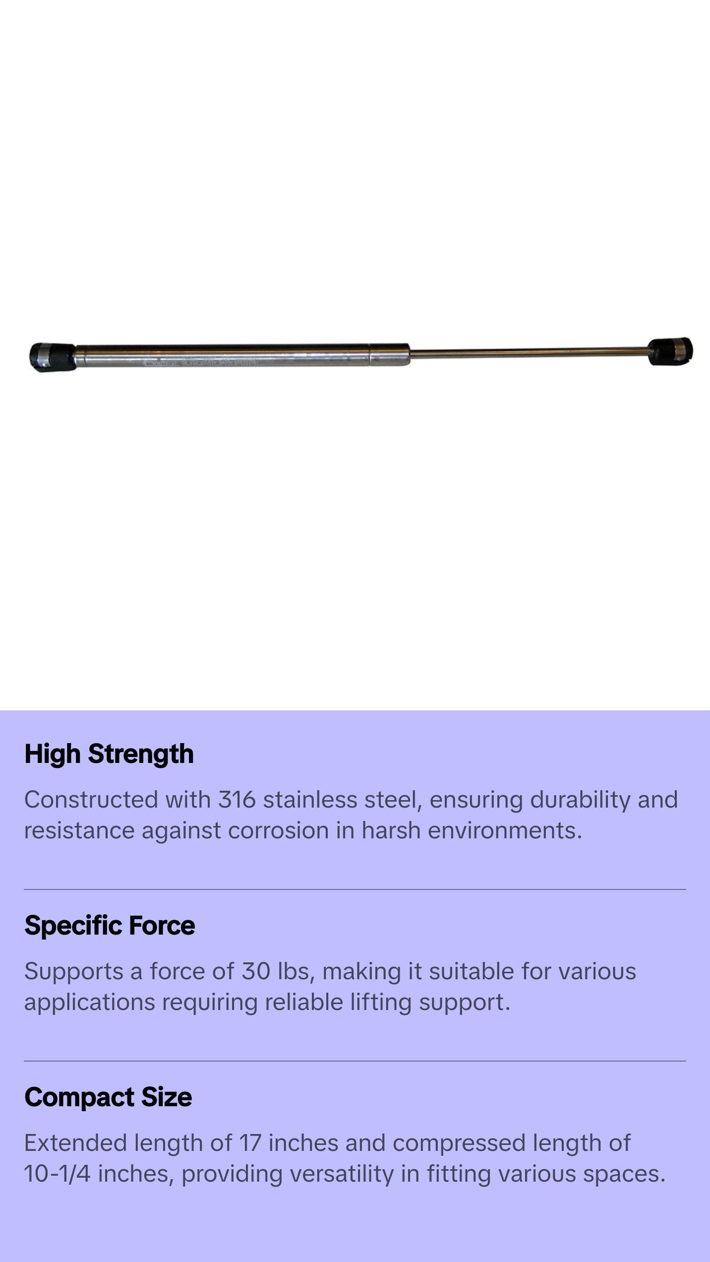 Whitecap 17" Gas Spring - 30lb - Stainless Steel