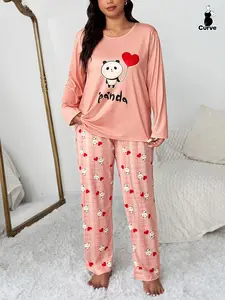Plus Size Cute Cartoon Print Round Neck Long Sleeve Fitted Top + Printed Pants Pajama Set, Casual Home Wear, Womenswear, Comfortable Fall & Winter, Loungewear, Nightwear