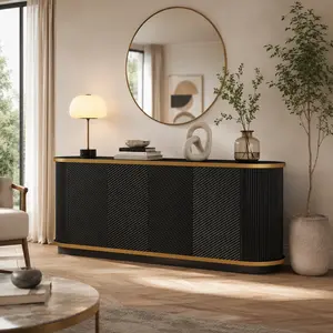 63" Fluted Sideboard Cabinet with Storage, 4-Door Buffet Cabinet with Faux Marble Top & Gold Trim, Modern TV Stand Credenza Console for Dining Room, Living Room, Black