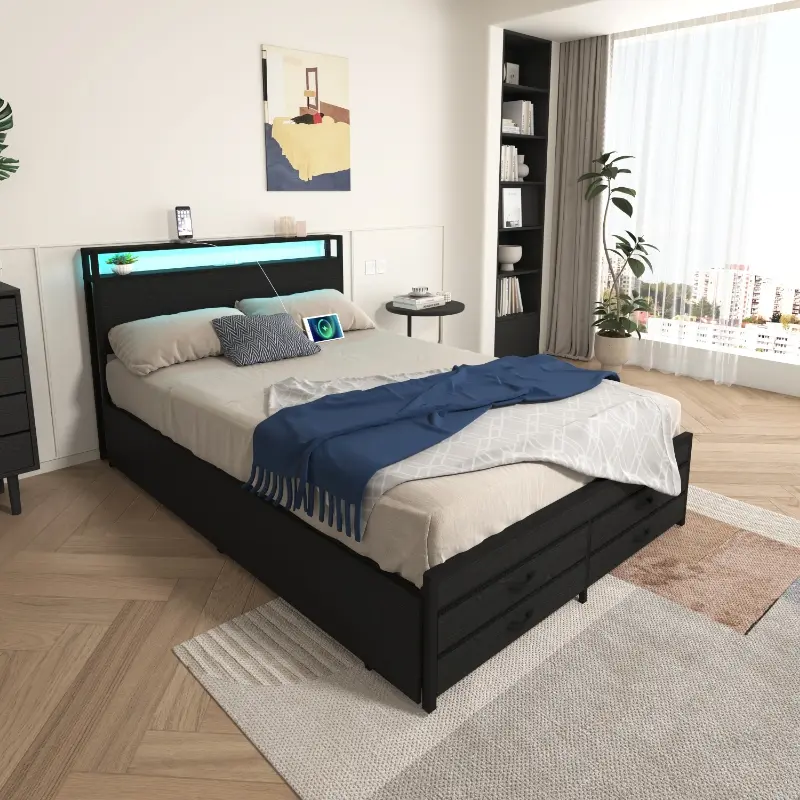 Bellemave Metal Platform Bed Frame with Built-in 8 Storage Drawers, LED Light Headboard, Built-in Charging Station, No Box Spring Needed, Noise-Free Stable Structure, Easy Assembly, Convenience Indoor Furniture for Garden Use, Built-In Drawers Bed Frames