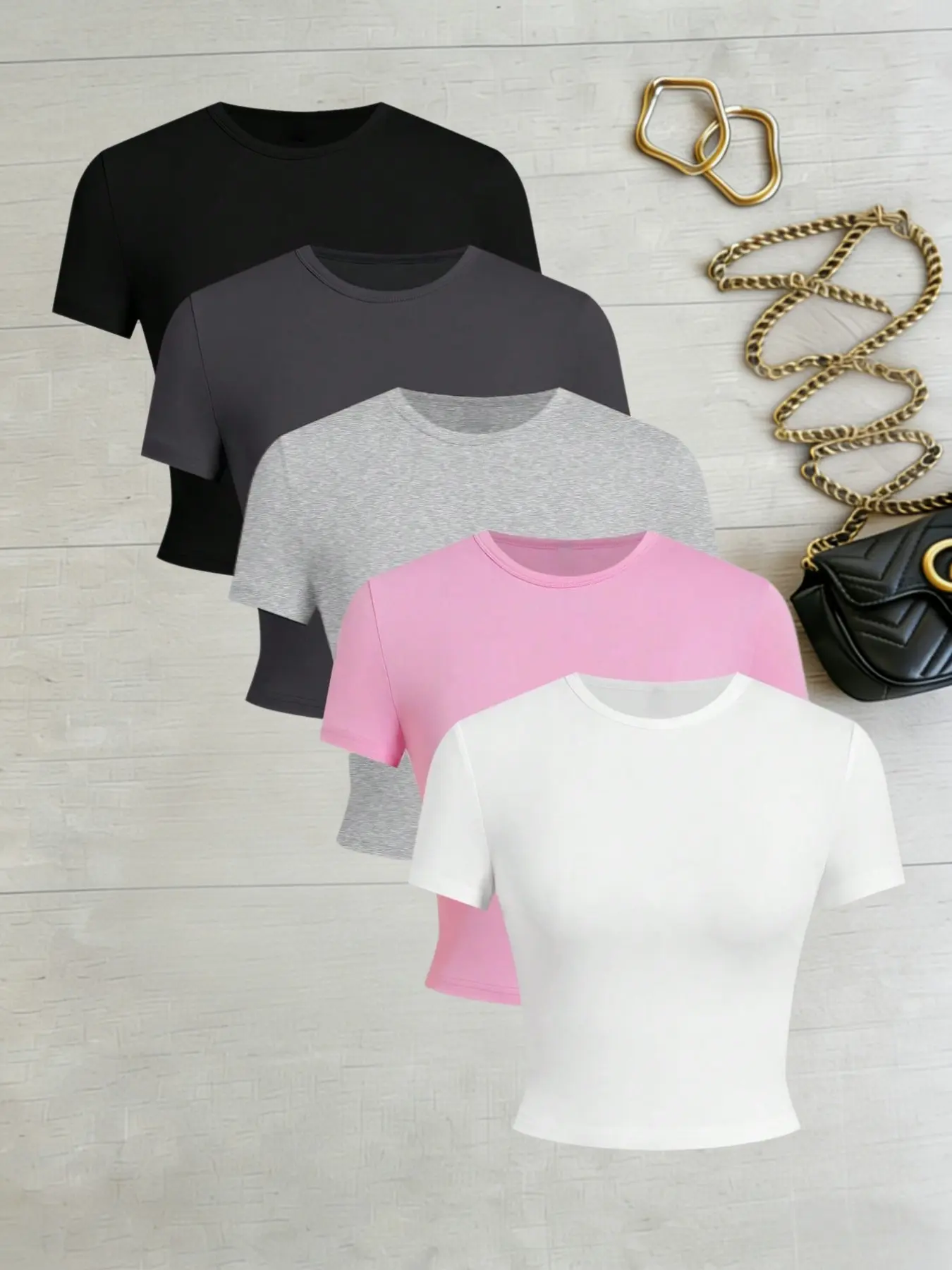 Basic Casual Streetwear Classic Five-Piece Set Pure Color Plain Slim Fit Round Neck Short Sleeve T-Shirt Top, Casual Summer Clothing, Comfortable and Stylish Everyday Wear