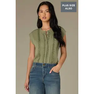 Extended Shoulder Stand Collar Button Down Plus Size Woven Top