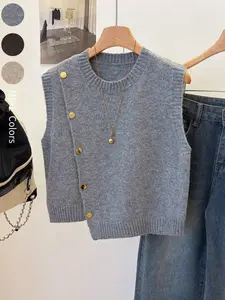Women's Round Neck Button Front Solid Color Knit Vest, Casual Loose Fit Cute Fashion Stylish Knit Top for Spring Summer Fall, Women Summer Tops, Summer Knitwear for Women, Sweater Vest for Women, Knitted, Womenswear