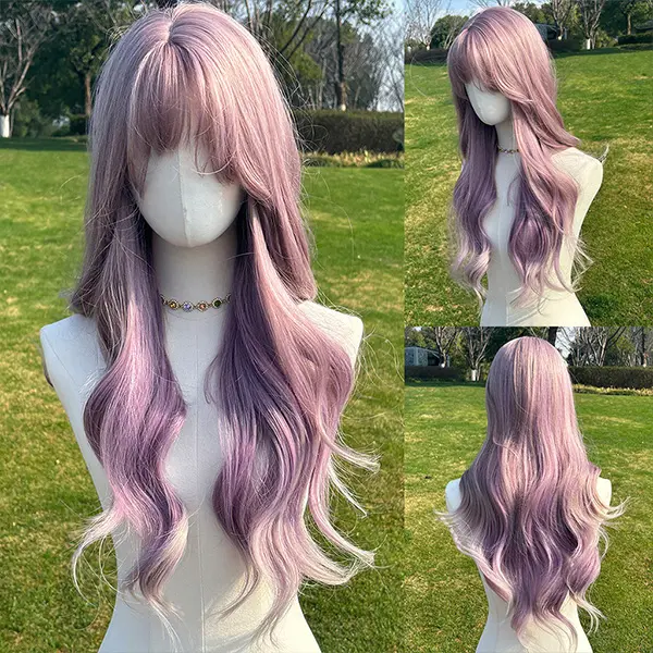 Smilco 26 Inch Gradient Purple Long Wavy Wig with Bangs, Heat Resistant Synthetic Hair for Women's Stylish Looks, Wave With Bangs, Heat Resistant Wig, Colored Hair Synthetic Full Machine Wigs