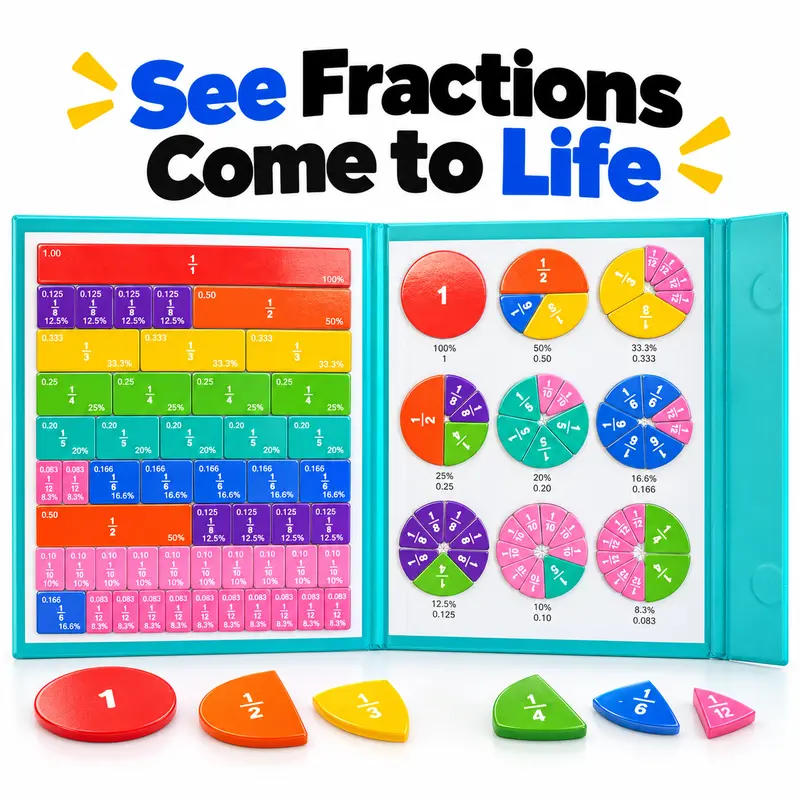 Magnetic Fraction Learning Book for Kids, Math Manipulatives with Fraction Tiles & Circles, Hands-On Educational Toy for Elementary School, Homeschool & Classroom