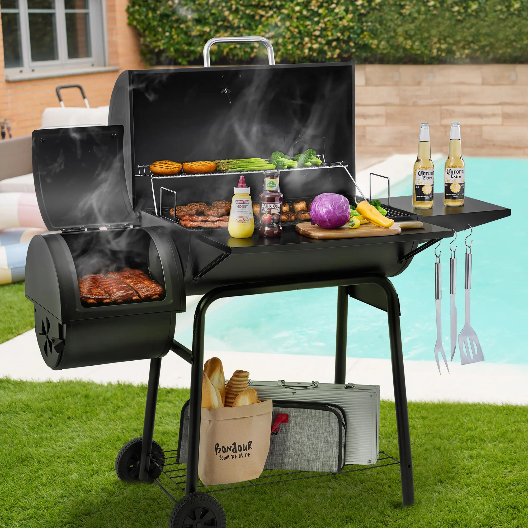 Royal Gourmet CC1830S Charcoal Grill with Offset Smoker, 823 Sq. In. Outdoor BBQ Grill, Adjustable Charcoal Pan, Dual Cooking Area Smoker Grill for Backyard, Camping & Barbecue, Black