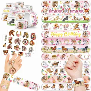 48PCS Floral Horse Party Set – 24PCS Temporary Tattoos & 24PCS Slap Bracelets – Cute Horse-Themed Birthday Supplies, Baby Shower Gifts, Classroom Rewards & Party Decor for Kids (Boys & Girls)