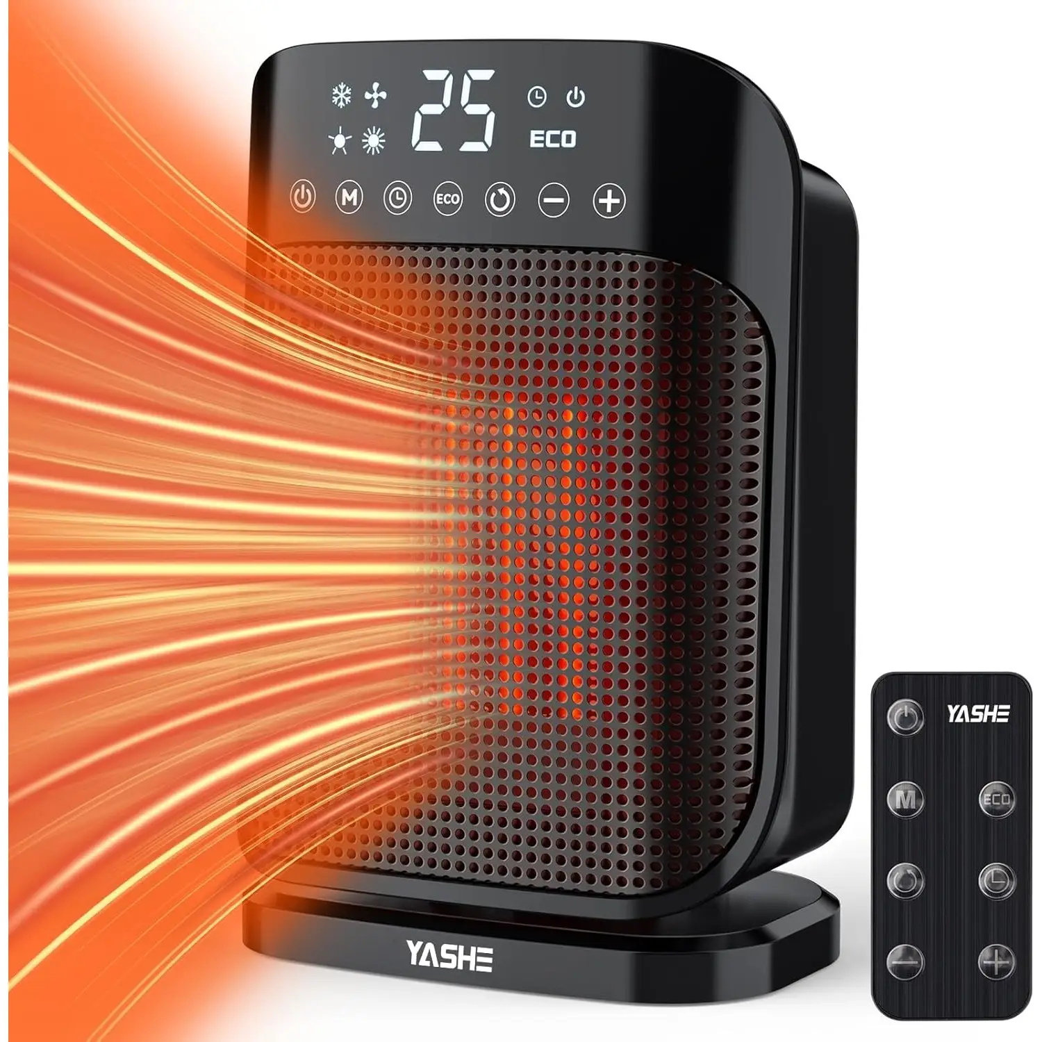 YASHE Space Heater, 1500W Portable Electric Heater for Indoor Use with Thermostat, 75° Oscillation, Digital Display, Remote Control, ECO Mode, Fast Ce