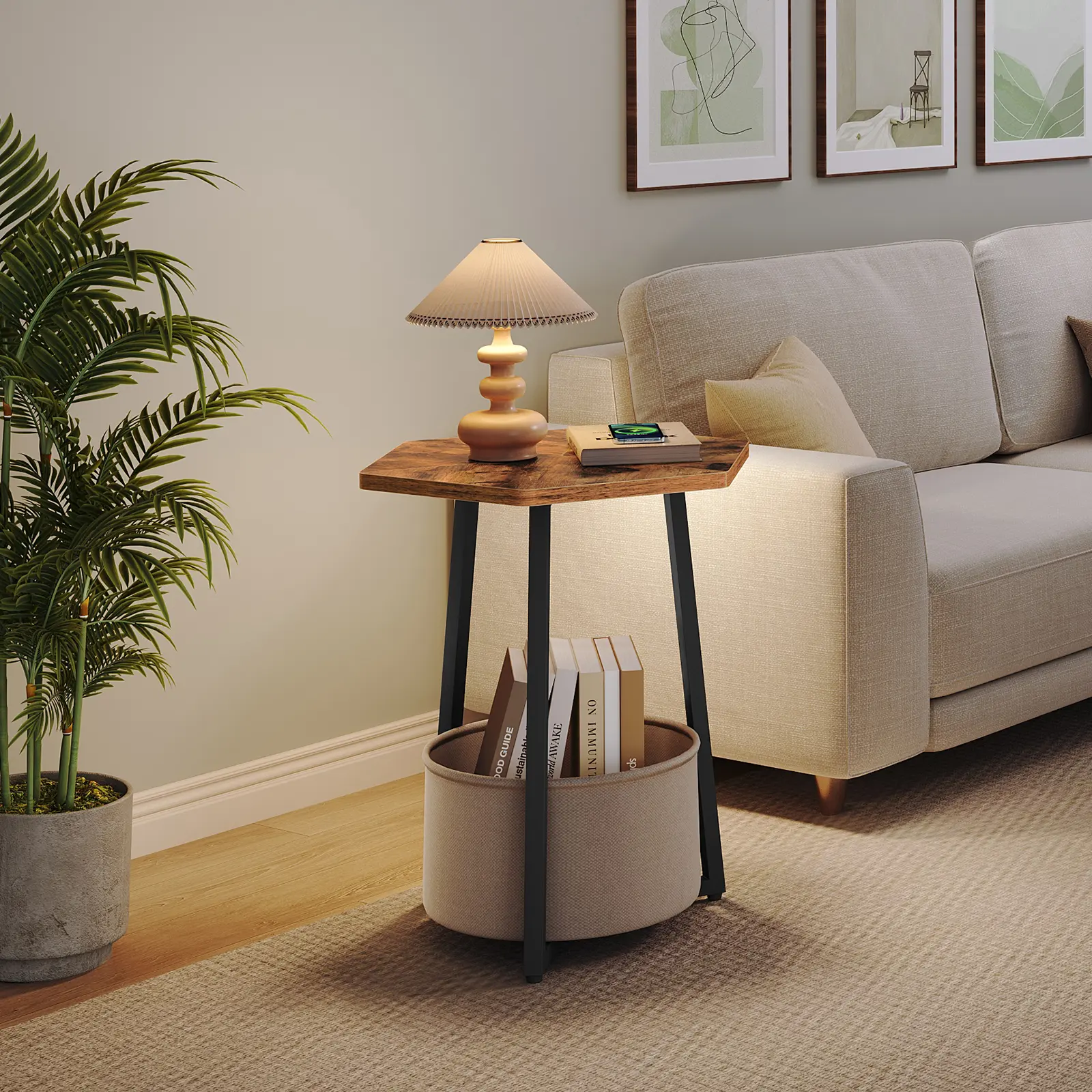 MAHANCRIS Hexagonal End Table, Small Side Table with Fabric Basket, Modern Nightstand, Bedside Table, Coffee Tables for Living Room, Bedroom, Rustic Brown #SummerVibes#DealsforYouDays #SummerGarden