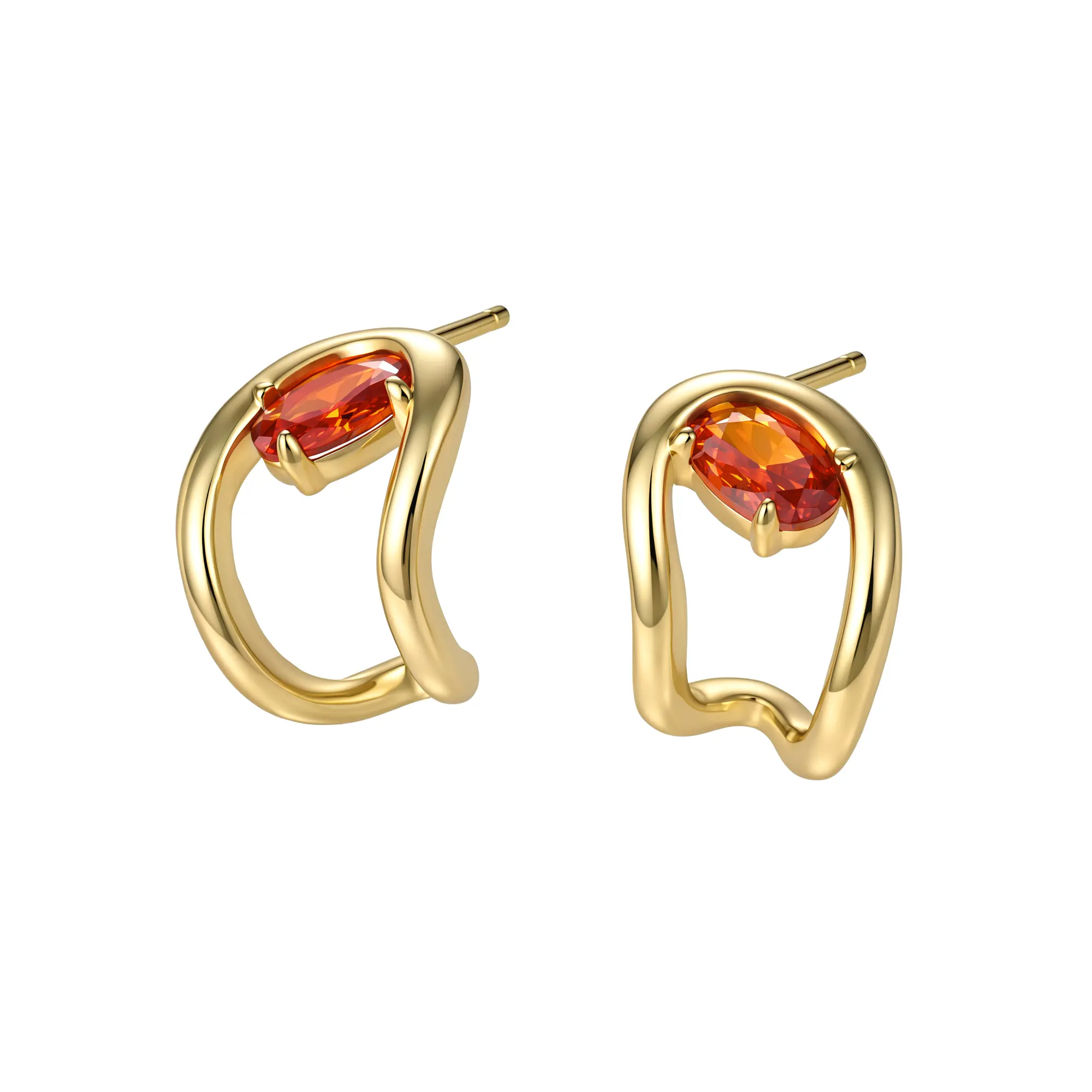 Aurem 14K Gold Plated Sculptural Wave Earrings for Women, Oval Cut Tangerine Orange CZ Stud Earrings, Geometric Fluid Line Statement Jewelry