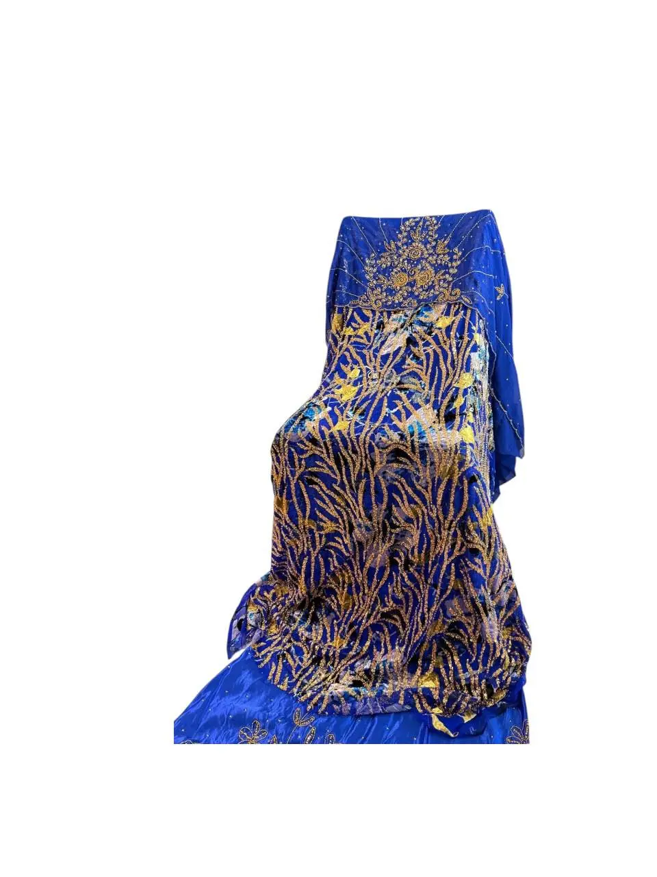 Luxury Royal Blue & Gold 3-Piece Unstitched Dirac Suit with Embroidered Chiffon Dupatta