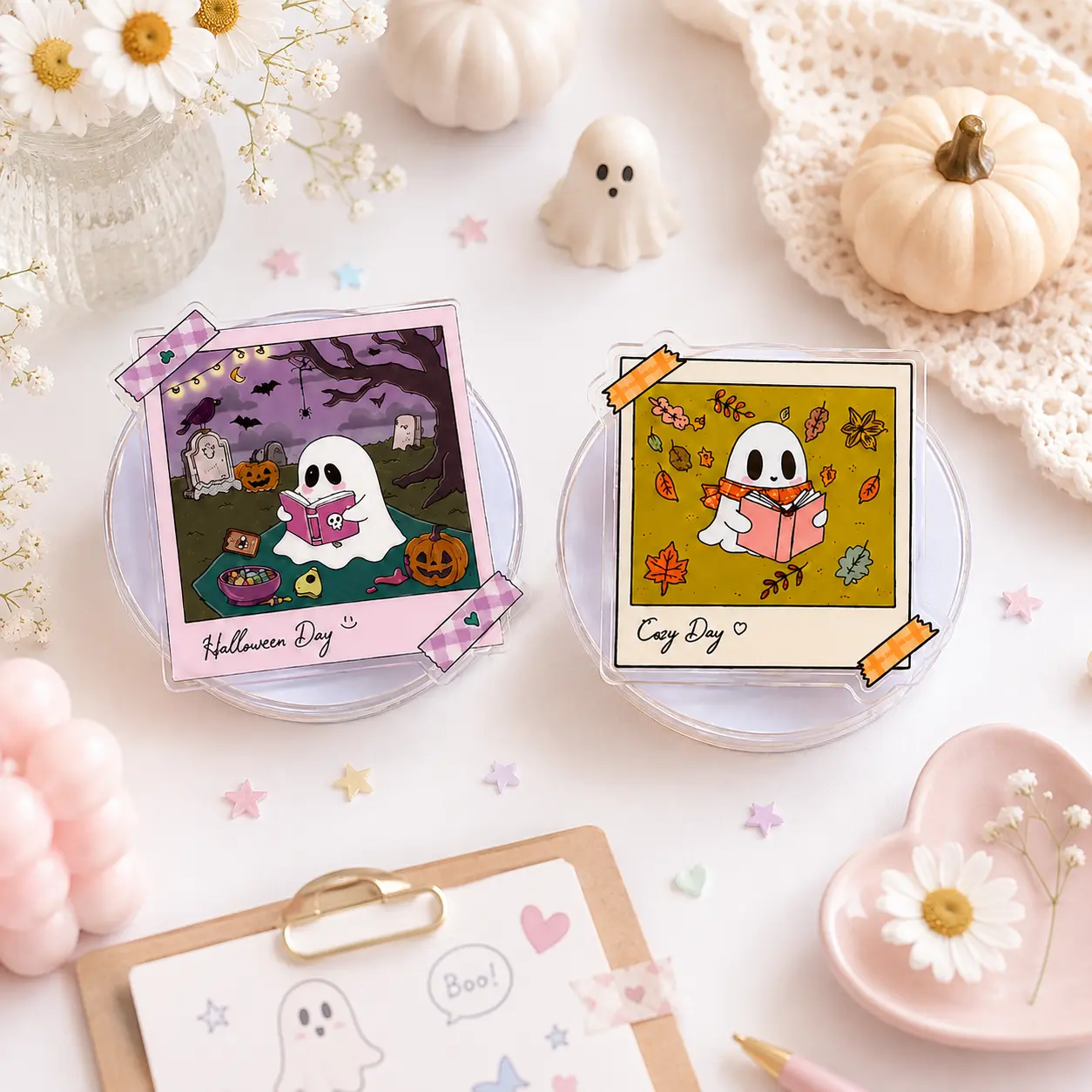 Cozy Ghost Magnetic Phone Grip Stand, Cute Book Lover MagSafe Phone Holder, Fall Kindle Grip, Halloween Reading Accessory