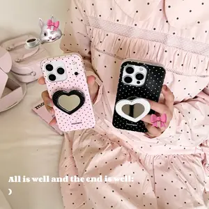 Korean-Japanese Style Polka Dot Smartphone Casing - Double-Layer Shockproof Handheld Protector with Cute Heart Mirror Stand, Girly Accessory for iPhone 13 14 15 16 17 Pro Max Devices