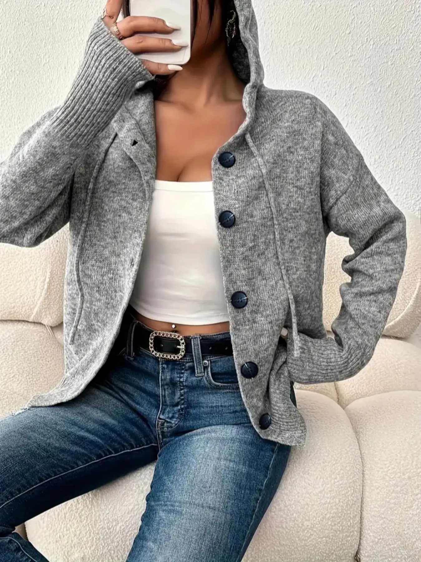 Women's Plain Button Front Drawstring Hooded Cardigan, Casual Drop Shoulder Long Sleeve Knitwear for Fall & Winter, Women's Knit Clothing for Daily We