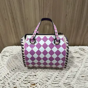 Mini Checkered Speedy Bag with Pink Stitching & Handles