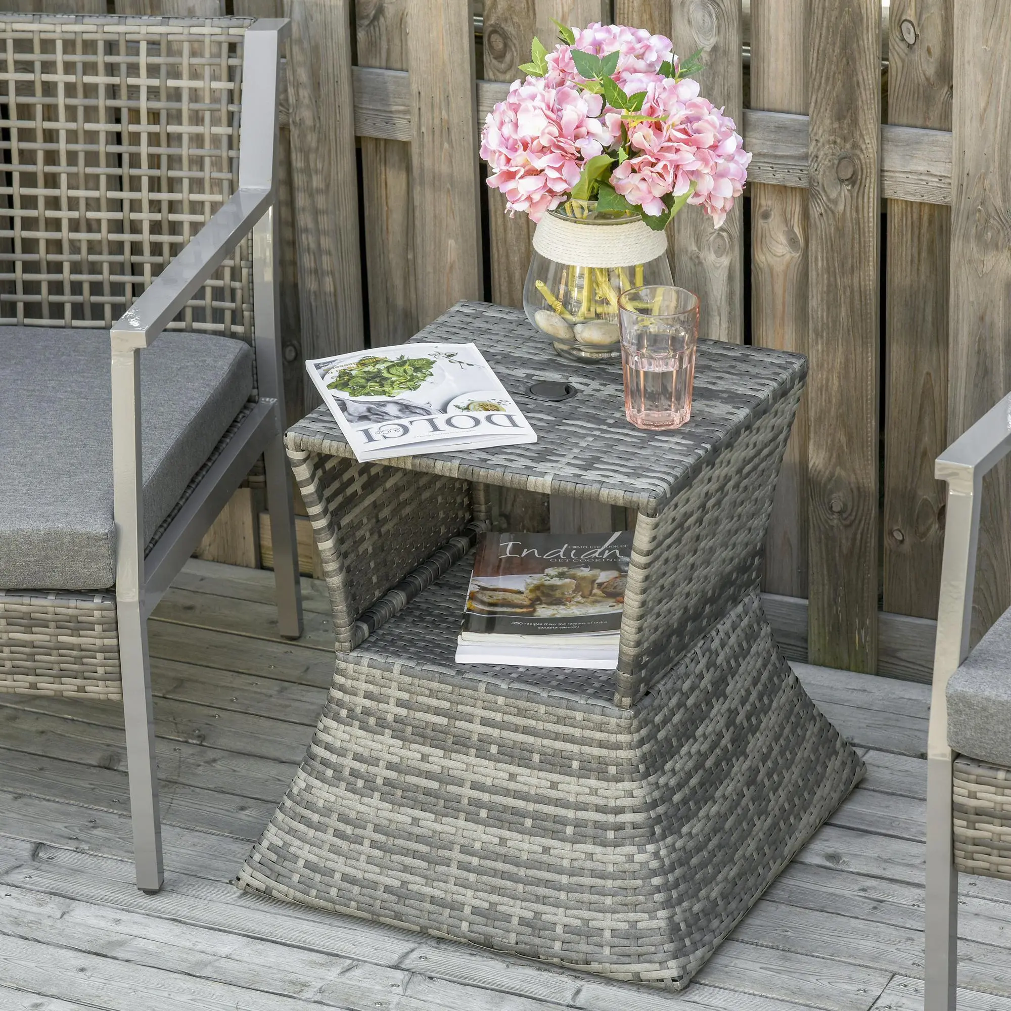 Outdoor Side Table with Umbrella Hole, 2 Tier Rattan Wicker End Table with Storage Shelf, All Weather for Outdoor, Patio, Garden, Backyard, Mixed Gray