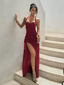 Elegant Women's Halter Sleeveless Backless Formal Dress with Ruffle, Cut Out Hem and Slit, Perfect for Valentine's Day, Dates, Parties, Travel, Vacation