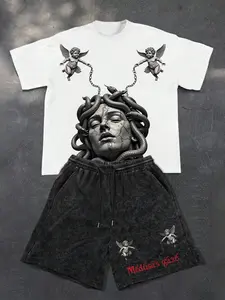 Men's Summer Versatile Fitted Graphic Angel Medusa Print T-Shirt + Traceable Cotton Drawstring Shorts, Simple Casual 2-Piece Set
