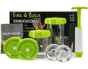 Mason Jar Fermentation Lids Weights And Pump - Full Kit Of 4 Airlock Fermentation lids, 2 Fermentation Weights, Air Pump and Recipe Book Fork&Pickle Fermenting Starter Pack by Boxiti