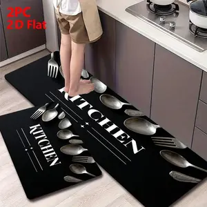 2/3pcs Soft Flannel Kitchen Mat Set, Non-Slip Bottom, Absorbent, Retro Style, Home Decor for Bathroom, Laundry Room, Hallway,Black