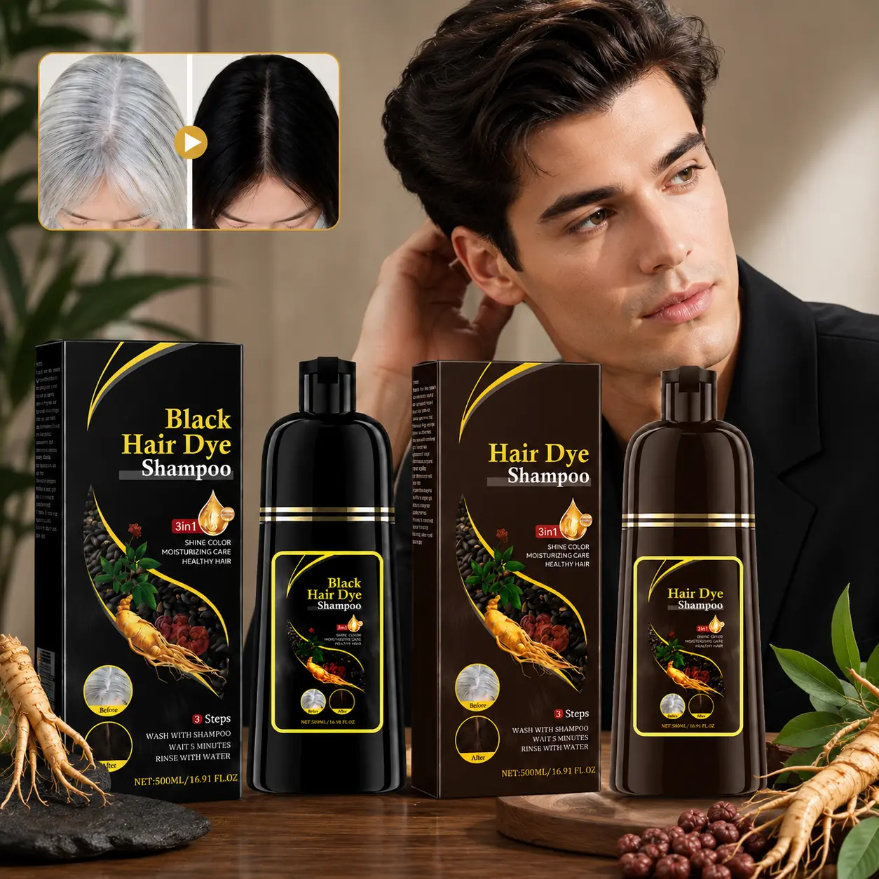 3-in-1 Black Hair Dye Shampoo with Ginseng Extract, Herbal Hair Coloring Formula for Men & Women, Helps Cover Gray Hair and Create a Natural-Looking Black Color