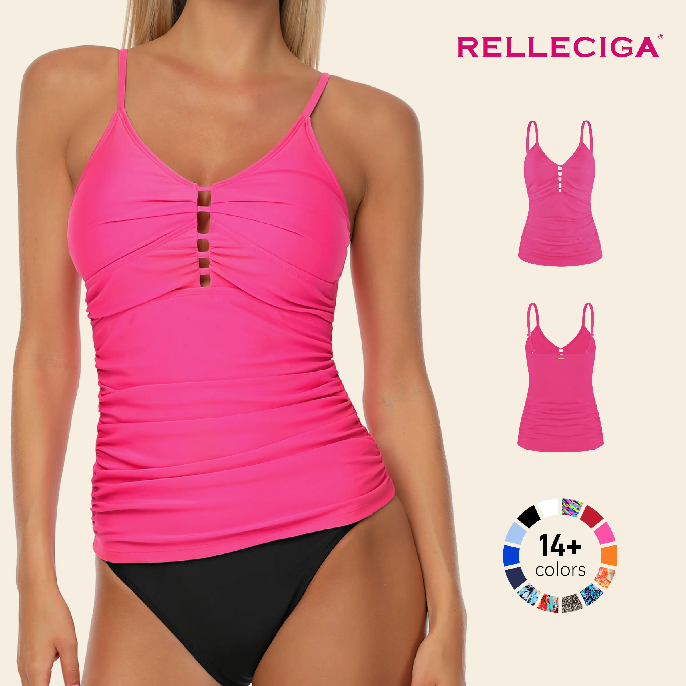 SwimWeek RELLCIGA Plus Size Tummy Control Ruched Tankini Top 2026 Summer Cutout Adjustable Straps Swimwear S-3XL Sizes