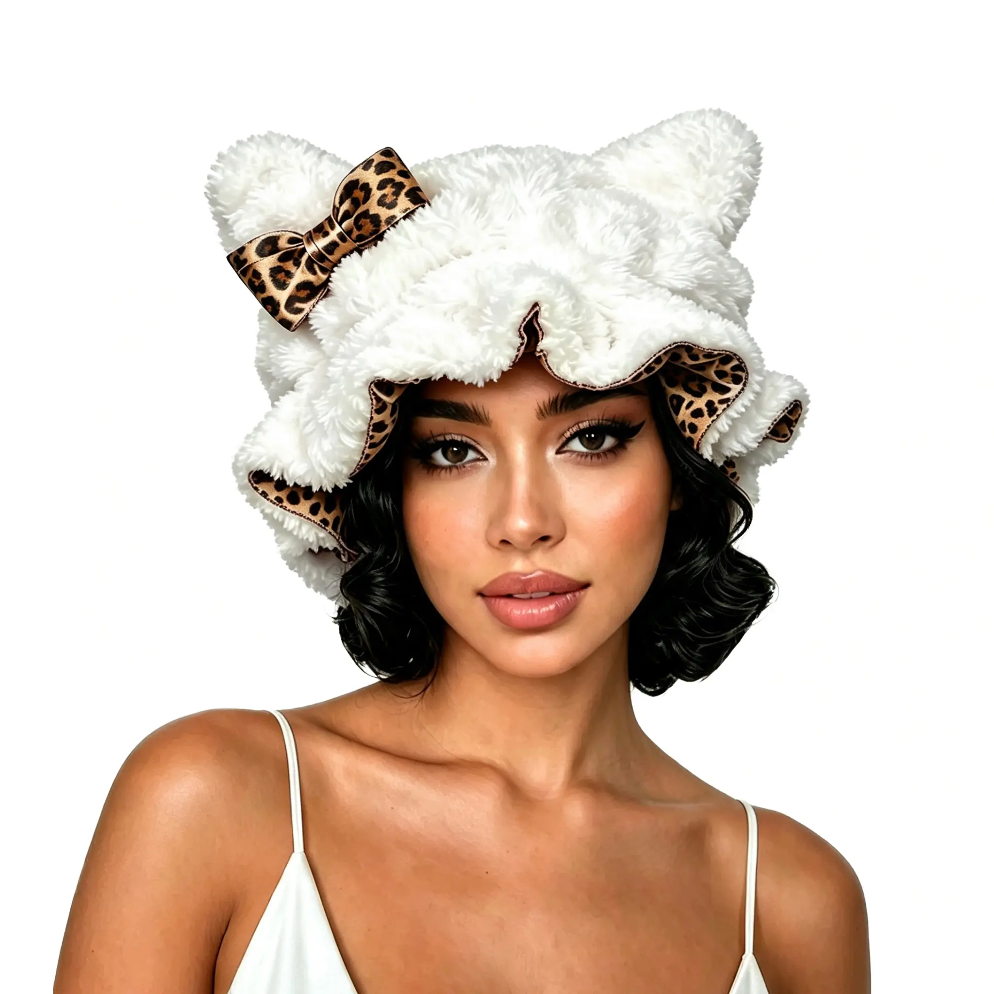 Women's Plush & Satin Leopard Print Teddy Bear Ear Sleep Bonnet - 3D Plush Exterior, Frictionless Silky Liner, Haircare Protection, Adjustable Fit for Curly/Natural/Braided Hair, Nighttime Use for Teens