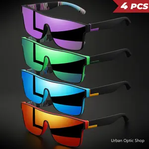 XUH 4PCS Classic Colorful Square Sports Sunglasses One-Piece Lens, UV400 Unisex Comfort Fit for Cycling, Travel, Outdoor & Daily Use,summervibes