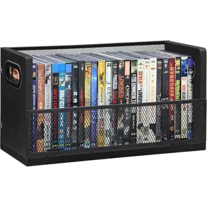DVD Bluray Storage Rack with Handles, Holds 28 DVD or 32 Blu-ray Cases | Portable DVD Case Holder for Desktop, Closet, Video , Books & Movies, Black