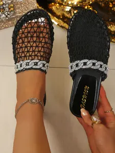 Fashion Mesh Rhinestone Chain Sandals, Breathable Hollow Design, Non-Slip Flat Sole, Perfect for Parties and Daily Wear, Summer Essential
