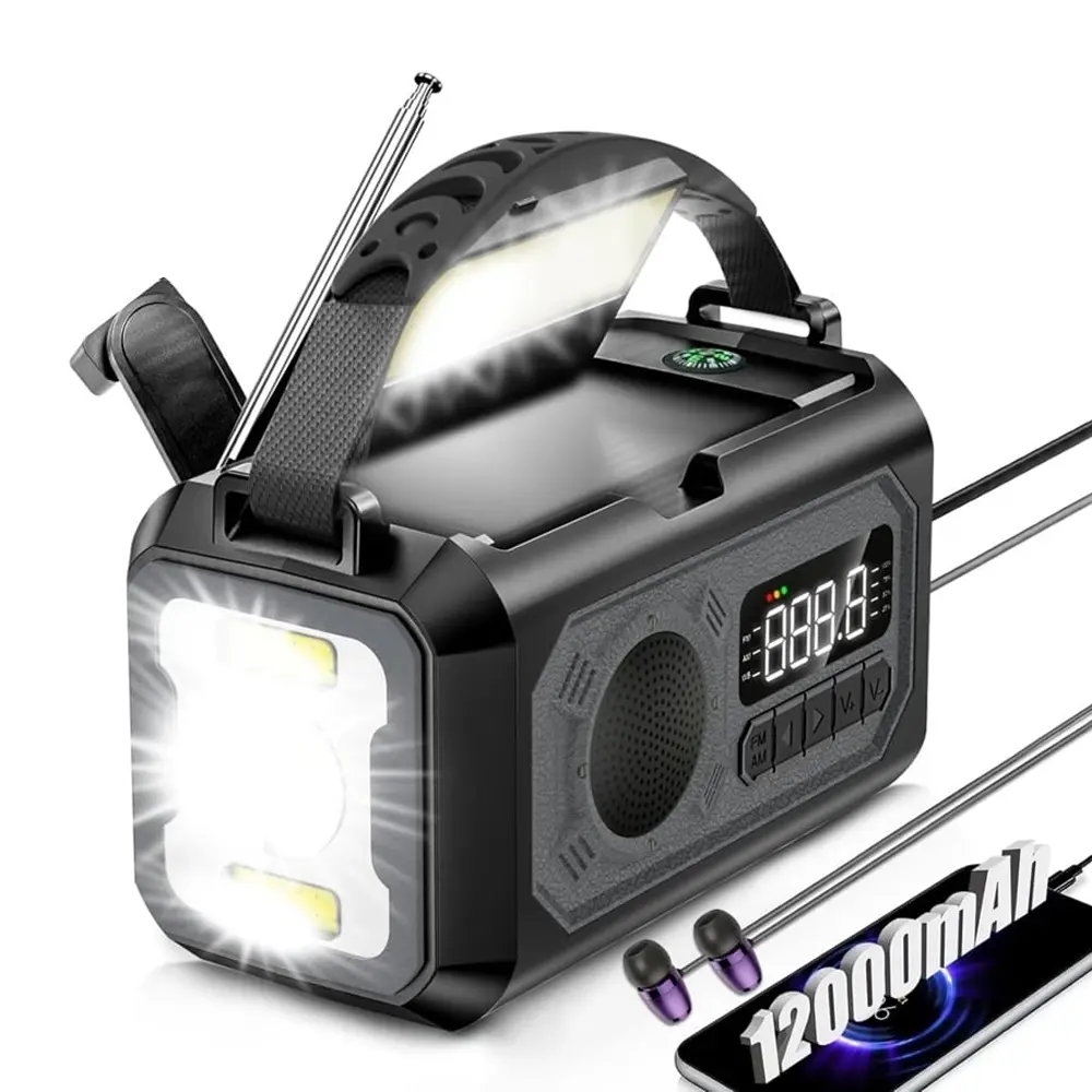 Portable Outdoor Emergency Radio Power Bank, 12000mAh Solar Hand Crank Portable Radio with AM/FM NOAA Weather Alert & LED SOS Light, Camping Survival Gear Kit