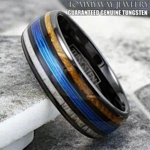 Tungsten Carbide Men'S Ring Blue Fishing Line-Whiskey Barrel & Deer Antler Band