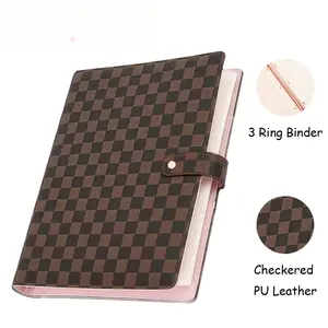 Trendy Brown Checkered 3-Ring Binder, Stylish PU Leather Notebook Organizer with Snap Closure, Fits US Letter Size