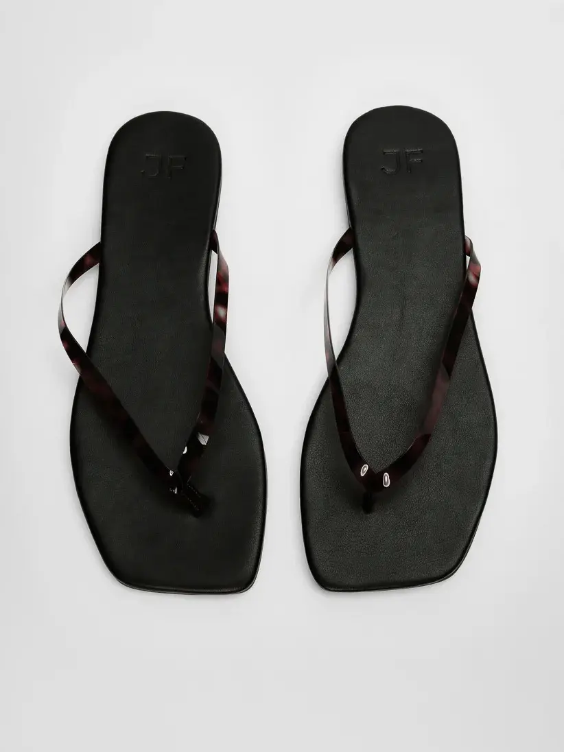 JUST FAB Women's Square-Toe Thong Sandals, Faux Leather & PVC Slip On Flat Shoes with Elongating Strap and Padded Insole for Summer Beach, Flat Sandals, Footwear, Classic, Casual, Sandals Women