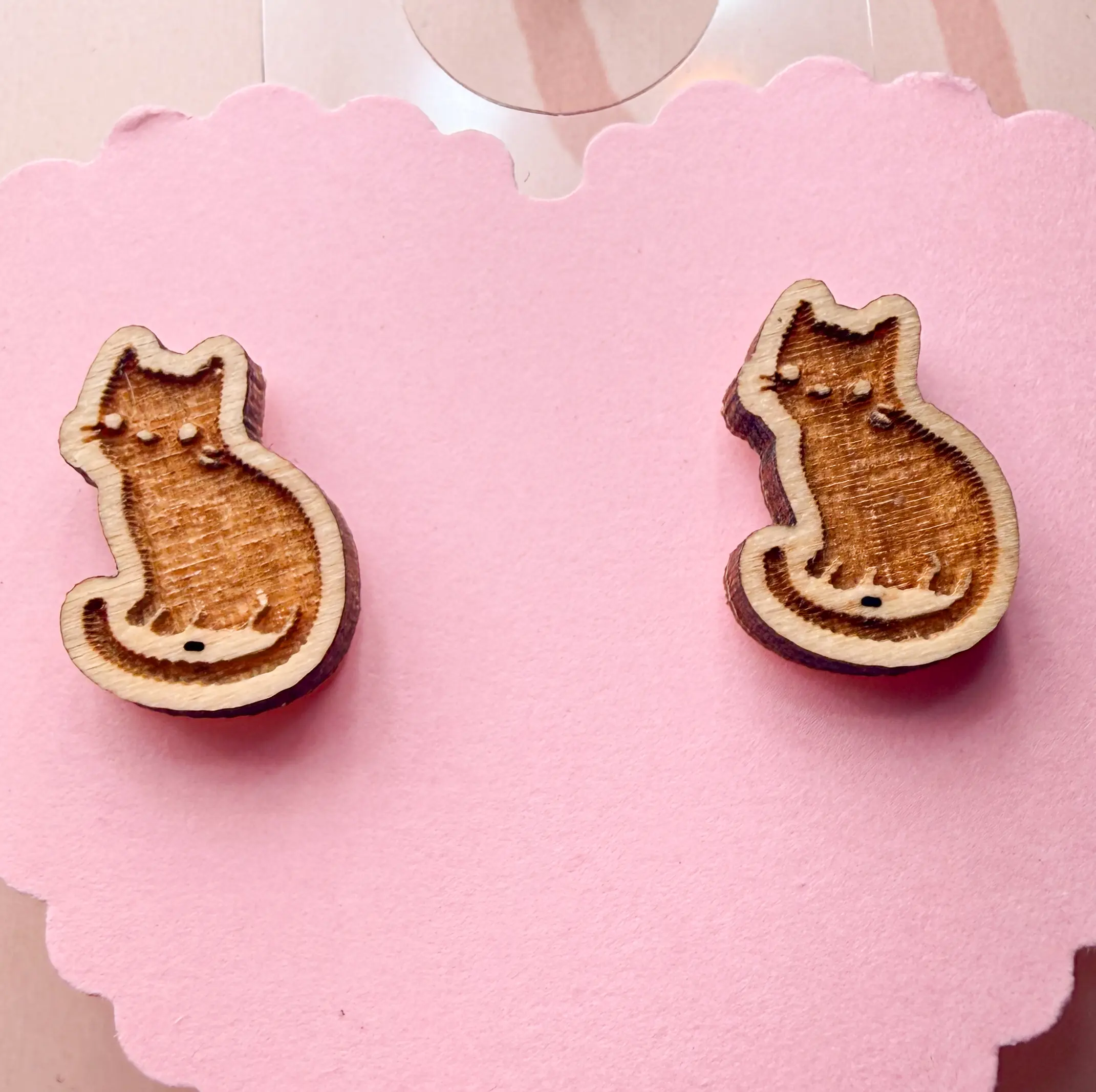Cute, lightweight wooden stud earrings for sensitive ears, laser cut with plastic backs.