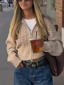 Women's Fall Winter Street Style Zipper Collar Cardigan, Fashion Casual Versatile Solid Color Sweater Coat, Ladies Outerwear