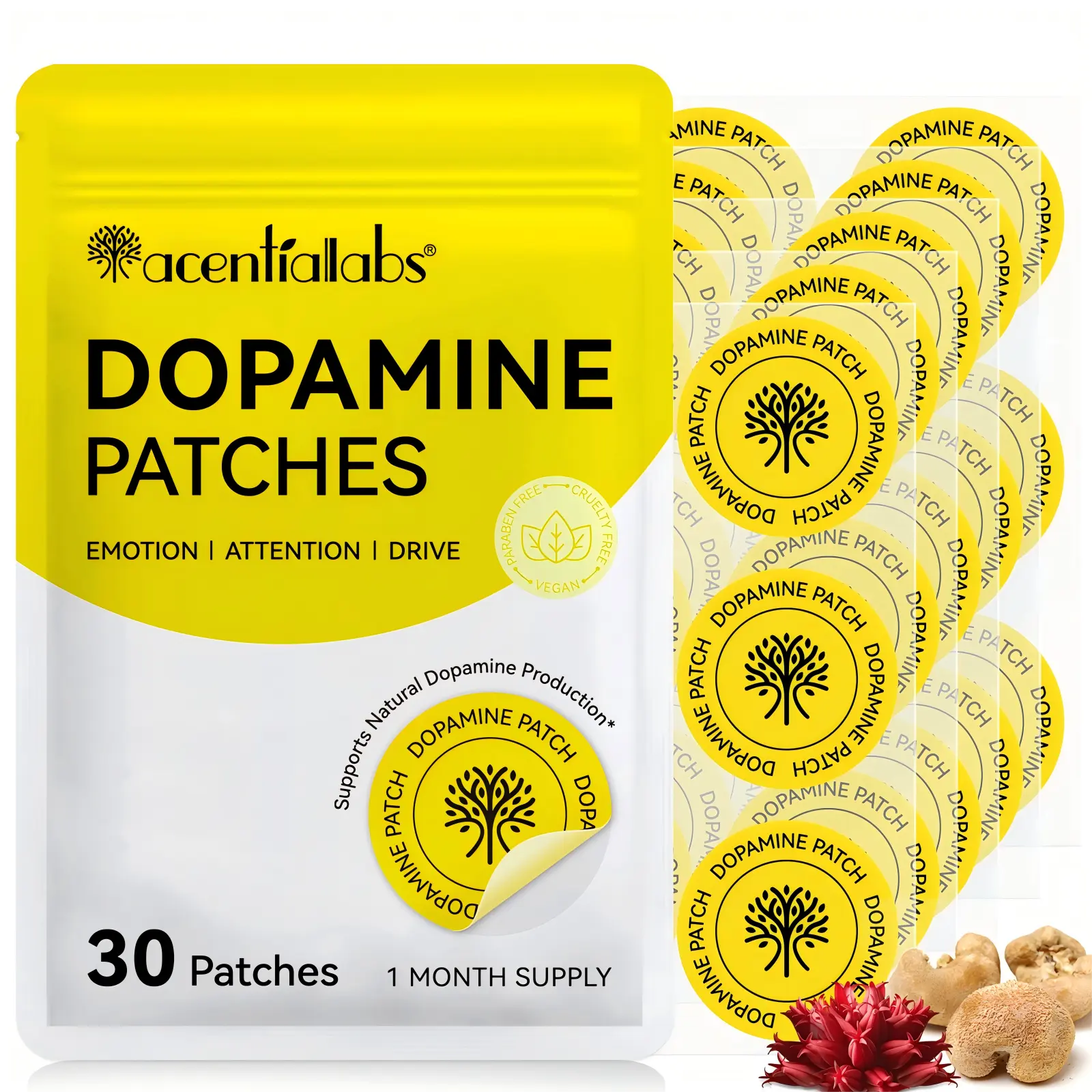 Acentiallabs Dopamine Patches (30 Patches per Bag) - Daily Gentle Plant-Based Mood Boosting Supplement, Focus Boost Support, Clarity Enhancement, Promotes Natural Dopamine Production, Peel Apply Convenience