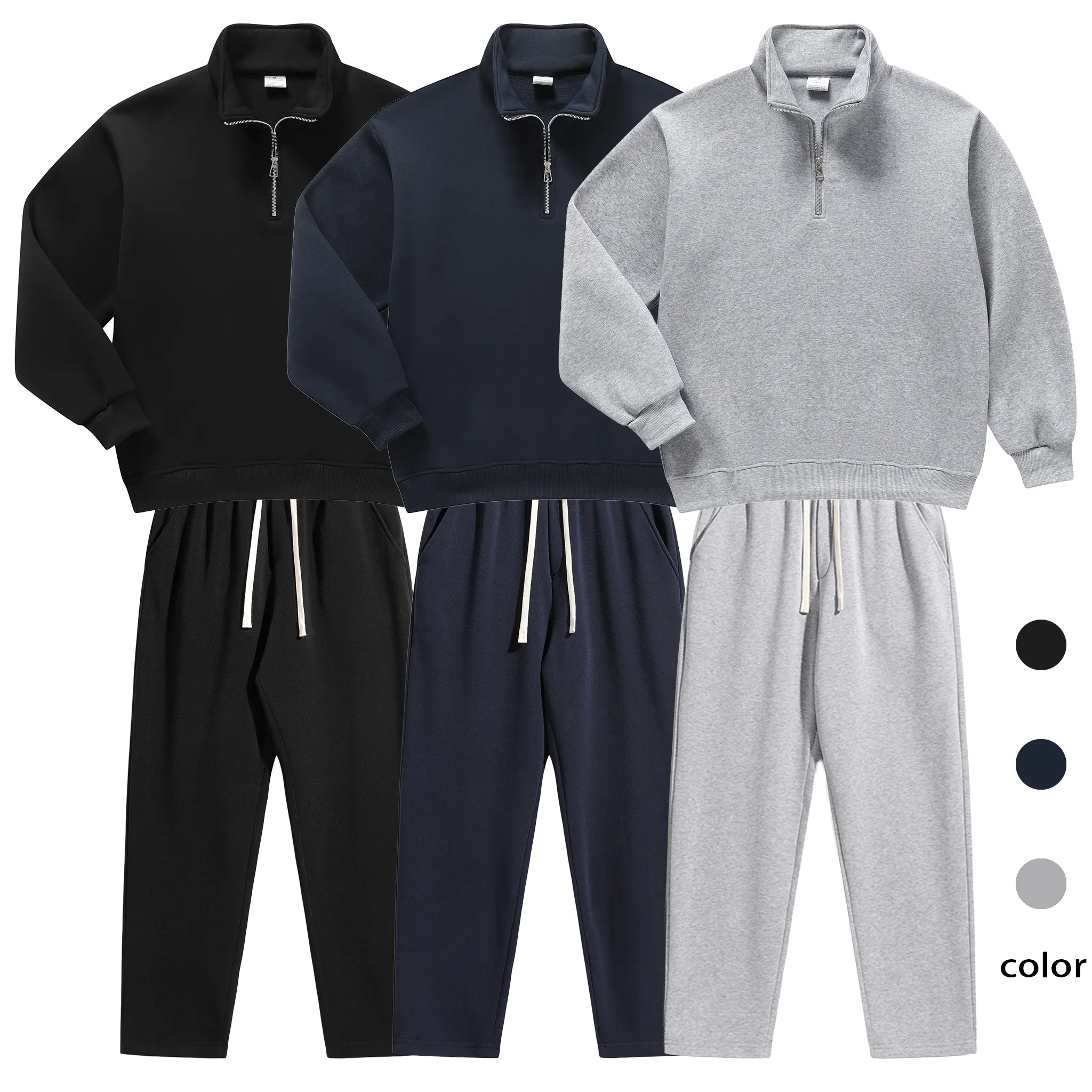 ColorArea Men’s 2-Piece Casual Sporty Minimalist Activewear Set - Long-Sleeve Solid Half-Zip Mock-Neck Top, Wide Drawstring Elastic Waist Baggy Sweatpants, Loungewear Sweatsuit Athletic Clothes Set for Daily Commuting, Campus