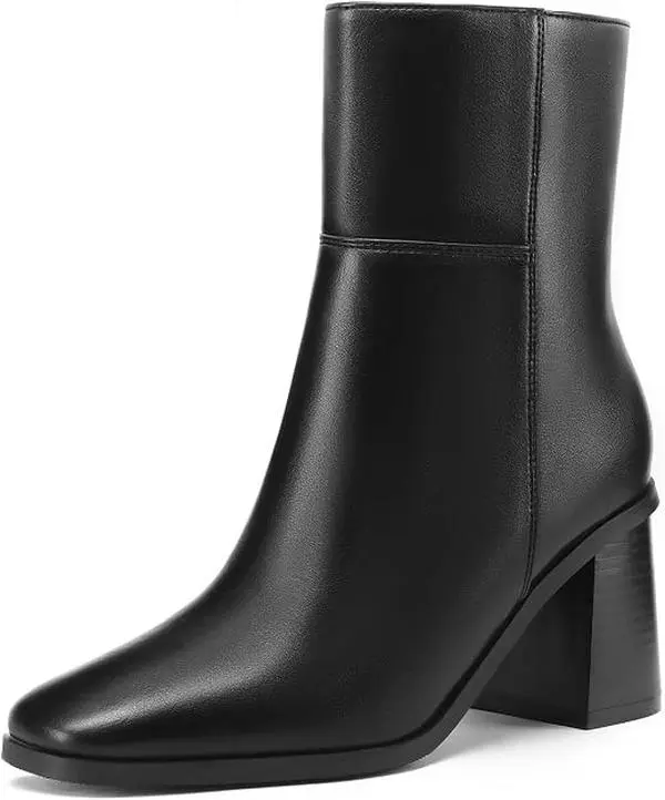 Dumjey Women's Black Block Heel Ankle Boots Side Zip Dress Booties