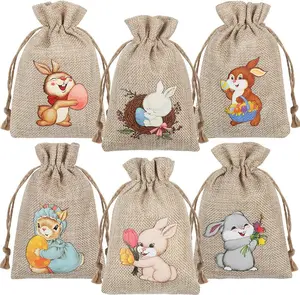 36PCS Easter Burlap Bags with Drawstring,Bunny Burlap Gift Bag Jute Line Goody Bags for Kids Party Favor Supply