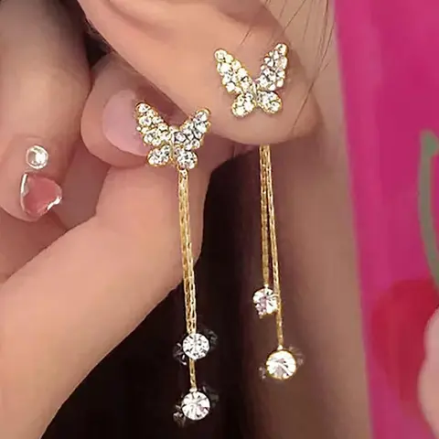 Elegant Butterfly Design Rhinestone Fashion Earrings for Women, Trendy Fashionable Accessories, Sweet and Exquisite Removable Tassel for Daily Wear, Perfect for Dates, Trendy Jewelry