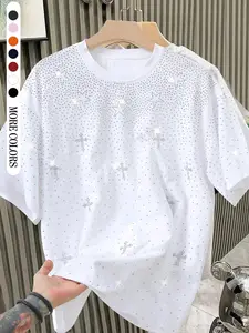Men Women Short Sleeve T-Shirt, Rhinestone Design, Fashion Youth American Style, Versatile Casual New Half Sleeve Tee