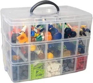 Storage Container Box, 3 Tier Stackable Snap-On Trays 30 Compartments with Adjustable Dividers for Arts & Crafts Storage,  Bead Organizers, Toys or Beauty & Sewing Supplies - Clear