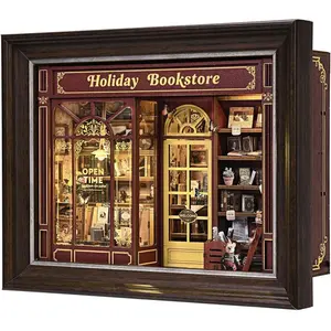 [Holiday Bookstore] Book Nook Kit-3D Wooden Puzzle with LED Switch Control & Wall-Mountable Frame, DIY Miniature House for Beginners, Bookshelf/Tabletop/Wall Decor for Craft Lovers, Dollhouse Gift