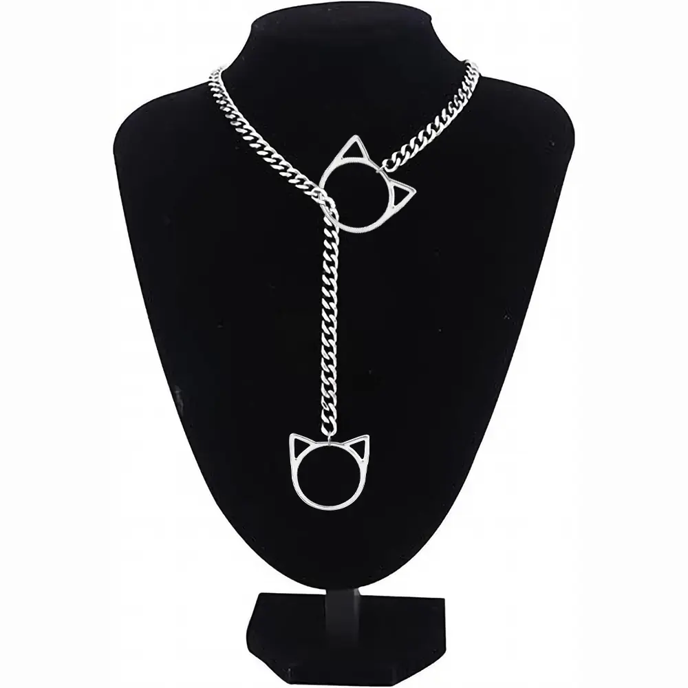 YZMOXNL Cat Heart O Ring Necklace Gothic Cat O Ring Slip Chain Necklace Punk Cuba Adjustable Lariat Necklace Gothic Choker for Women