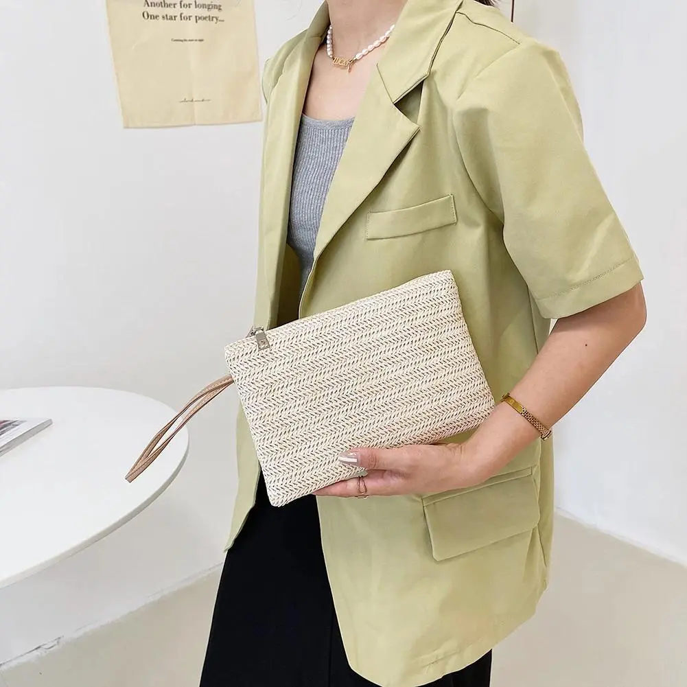 Women's Bohemian Woven Wristlet Clutch - Solid-Color Small Home Organizer Storage Bag for Casual Beach Use, Gifting (White, Beige)
